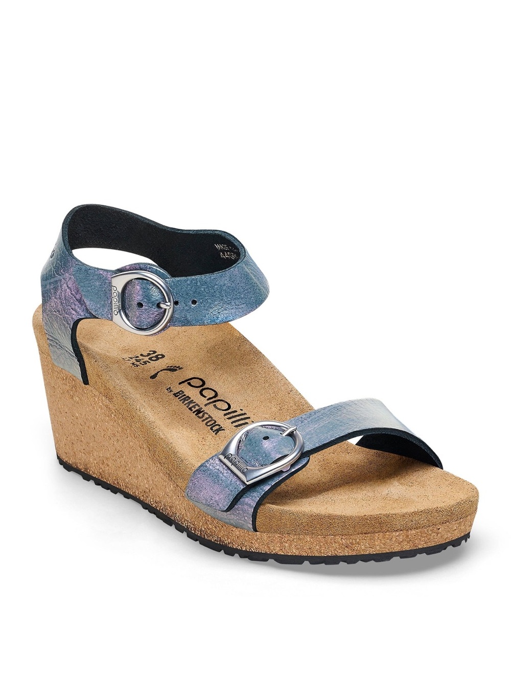Birkenstock Papillio Soley Wedge Sandal Black Metallic Leather Ankle Strap 41